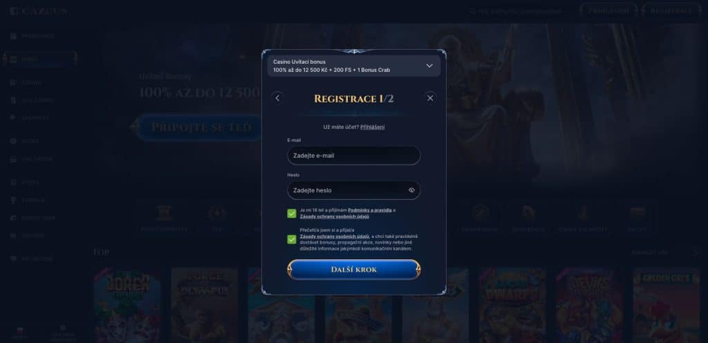 Cazeus casino registrační formulář