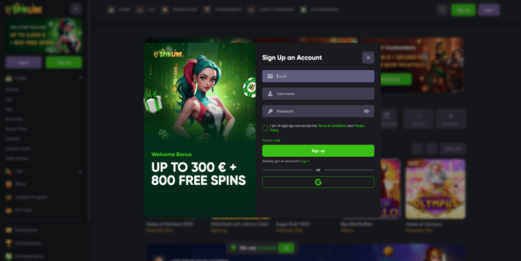 Spinline casino registrační formulář
